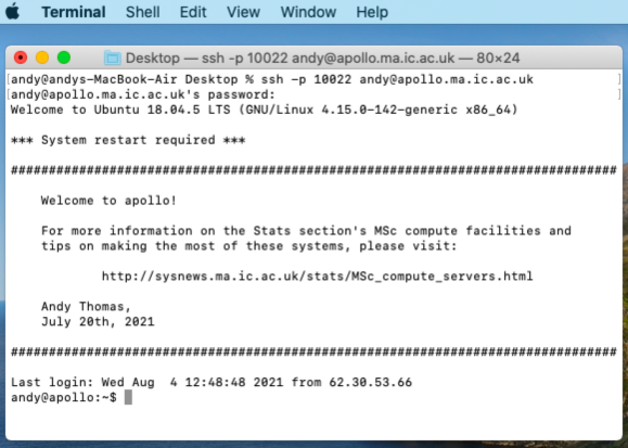 ssh screen after logging into apollo