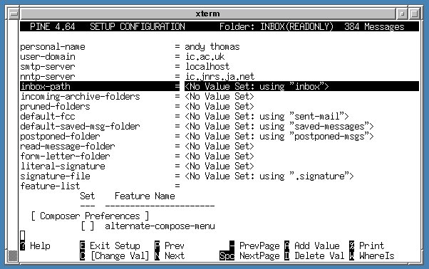 screenshot of Pine main configuration screen