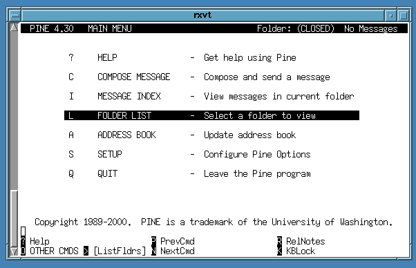 Pine's initial start-up screen