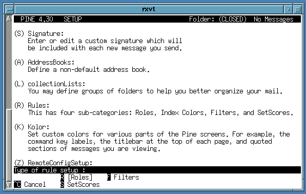 setup screen showing sub-options for the R rule option