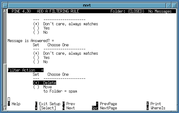 reconfiguring spam filter action to delete rather than move spam messages