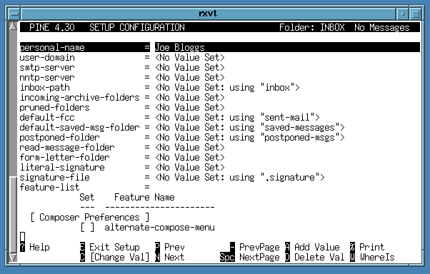 the main configuration screen