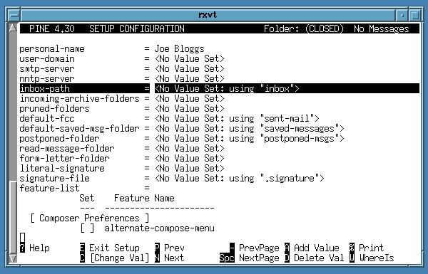 the inbox path highlighted in the main config screen